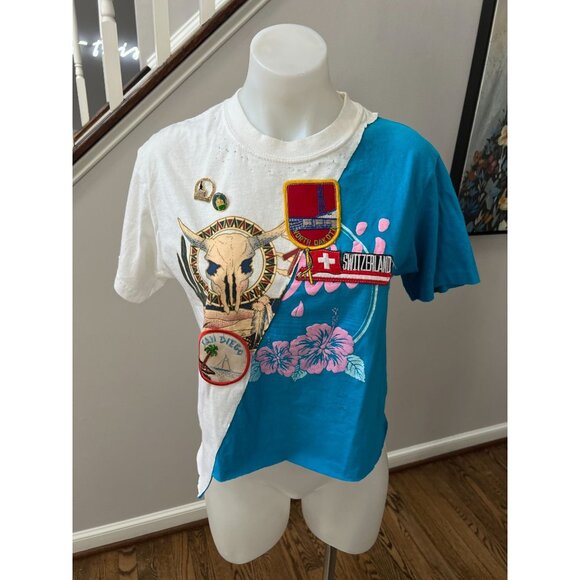 RILEY 1880 Vintage Clothing Custom Cropped Patchwork Tee T Shirt Size XS/S - Picture 1 of 5